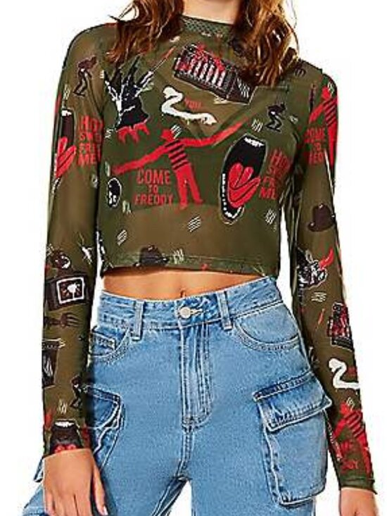 A Nightmare On Elm Street Tops - Women’s Olive Nightmare on Elm Street Mesh Sheer Long Sleeve Top Freddy Krueger